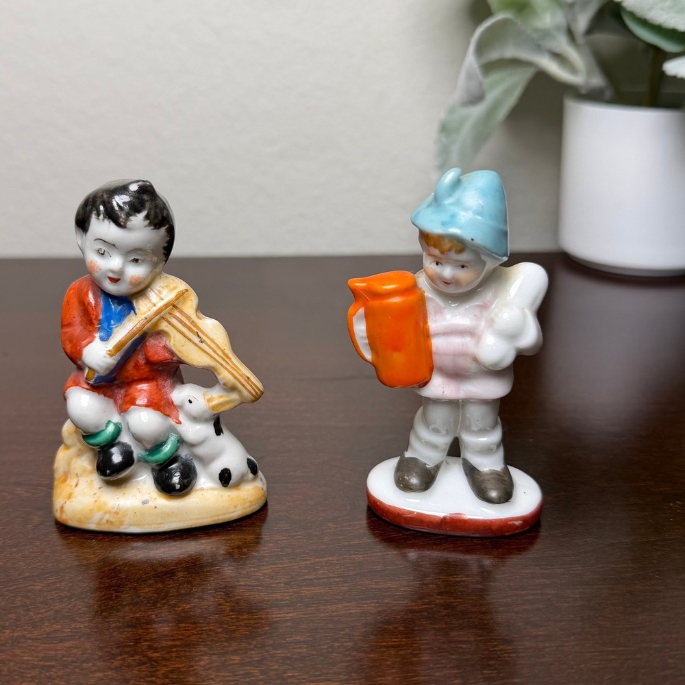 Vintage Made in Occupied Japan Porcelain‎ Boy Figurines Set of 2 Violin Pitcher